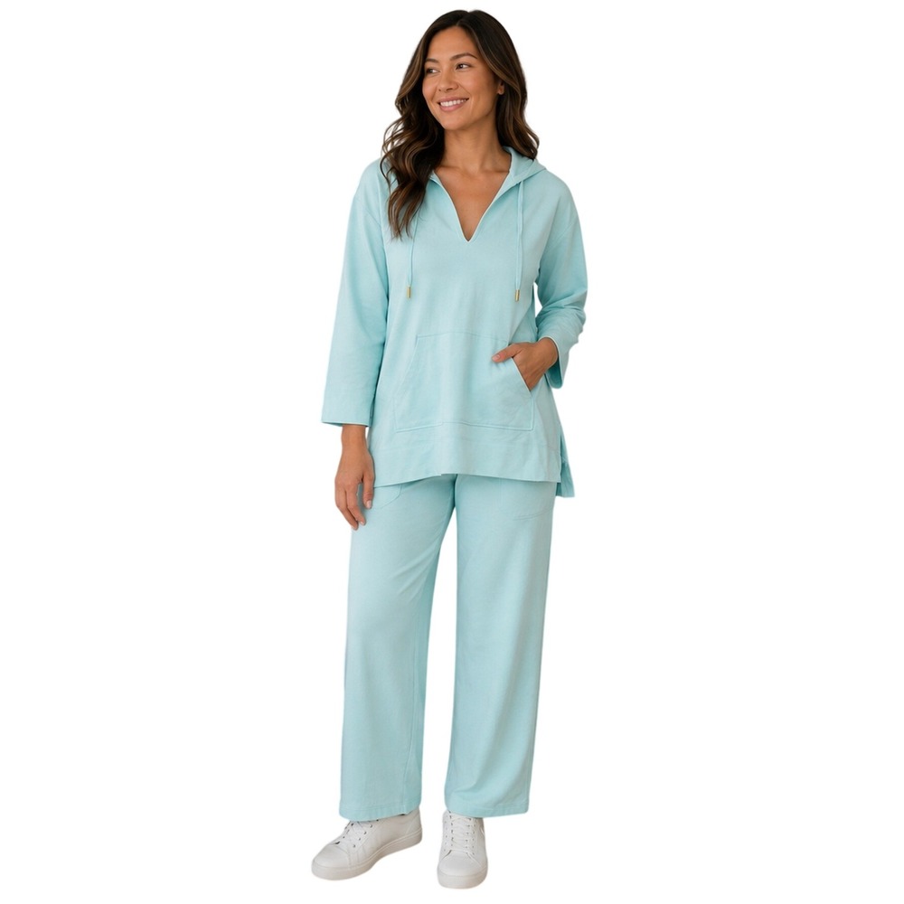 Talbots Aqua‎ Blue Pima Cotton Modal Hooded Tunic & Wide Leg Pant Set XL